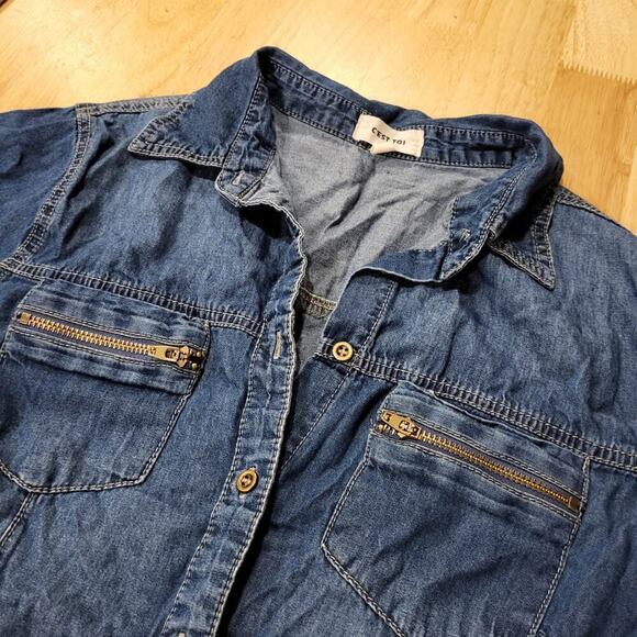 y2k Denim Cest Toi Denim Button Front Cap Sleeve Collared Top Zip Pocket - Picture 3 of 9